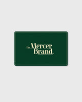 Green giftcard with 'The Mercer Brand' text on a light gray background