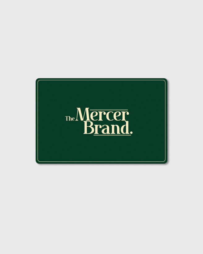 Green giftcard with 'The Mercer Brand' text on a light gray background