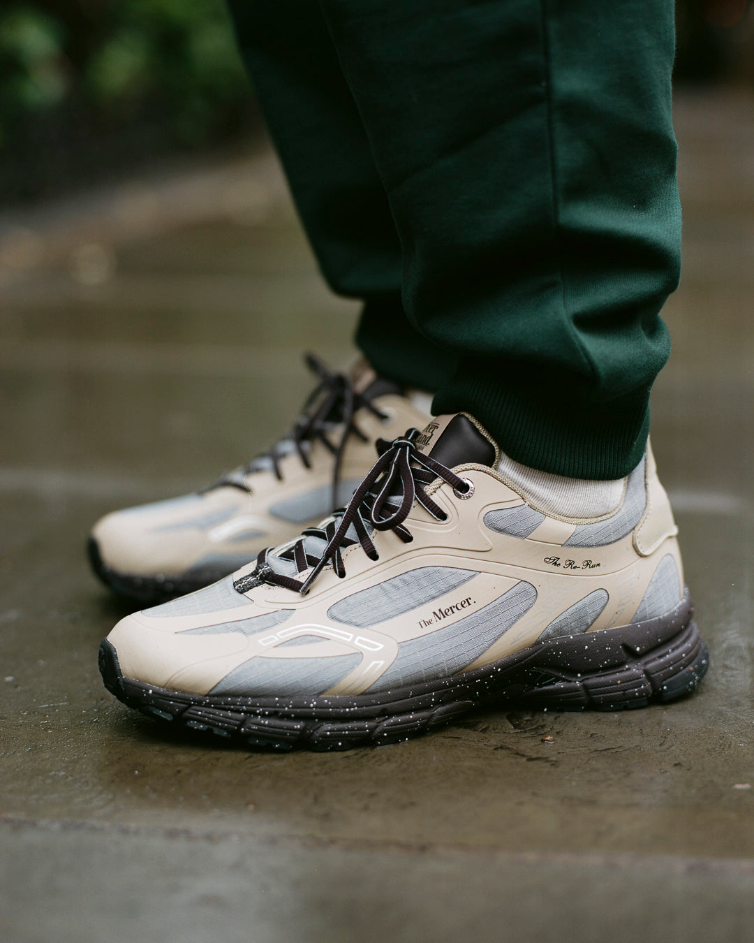the mercer brand the re-run outdoor sneaker cream with dark details and water repellent upper for men 