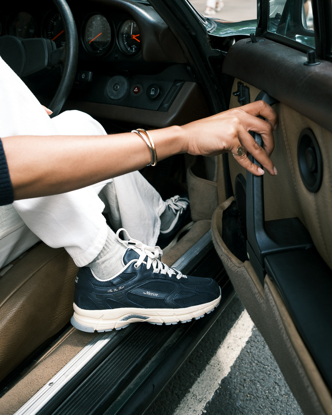 the mercer brand sneaker the re-run perforated navy with off white outsole