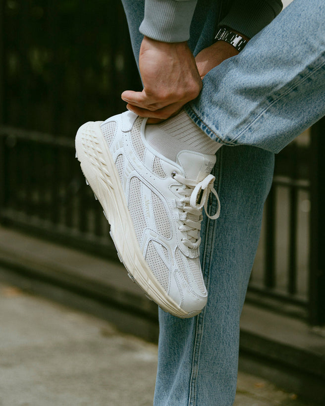 the mercer brand sneaker the re-run max white with perforated leather and off white outsole 