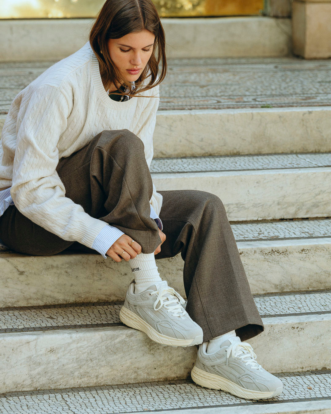the mercer brand sneaker the re-run max grey with off white sole and perforated leather 