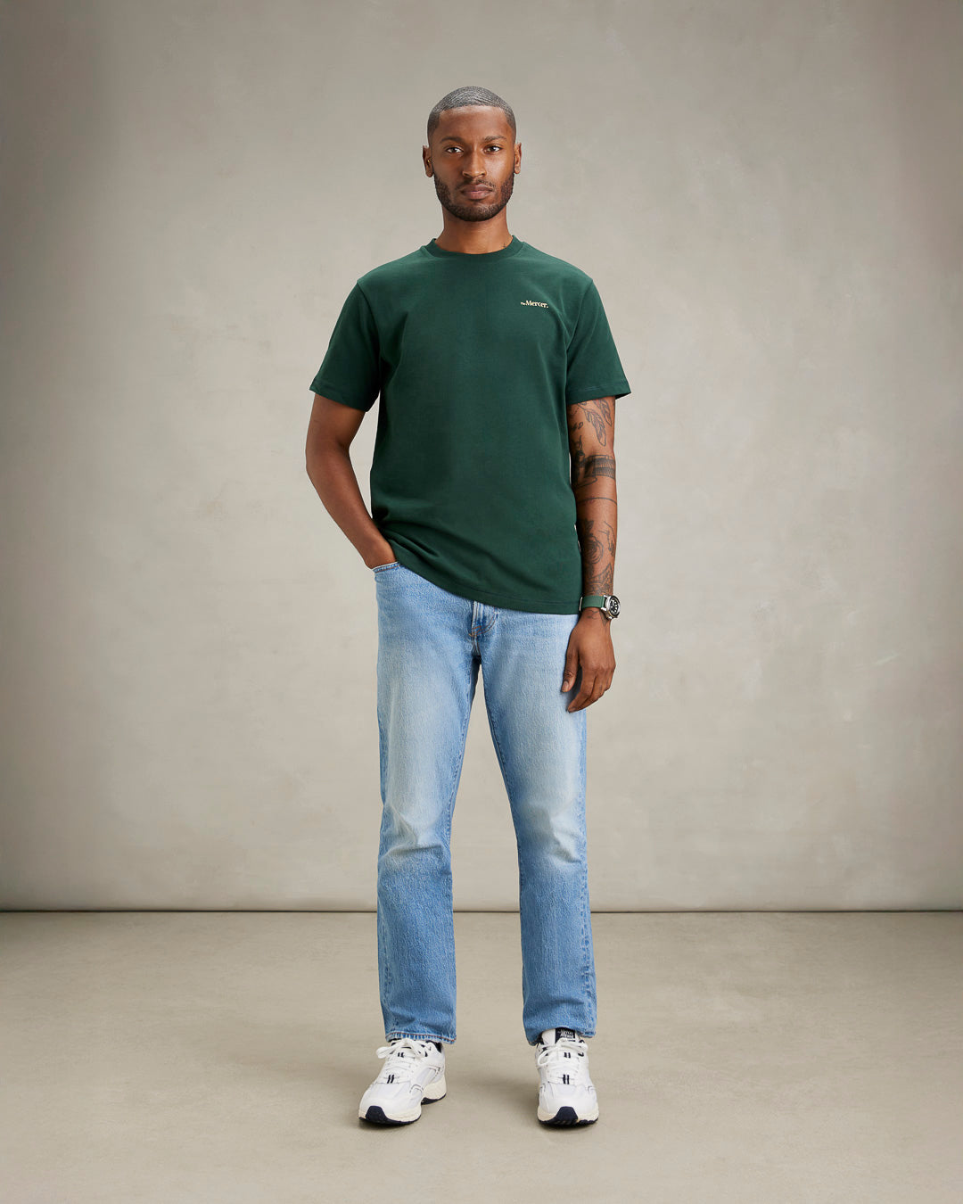 full look of the re-run nappa white men combined with the mercer heavy tee green