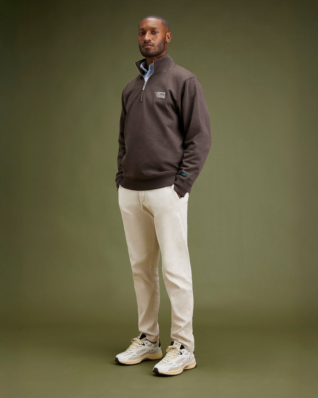 The Mercer Brand re-run sneaker vintage with brown details and off white sole 
