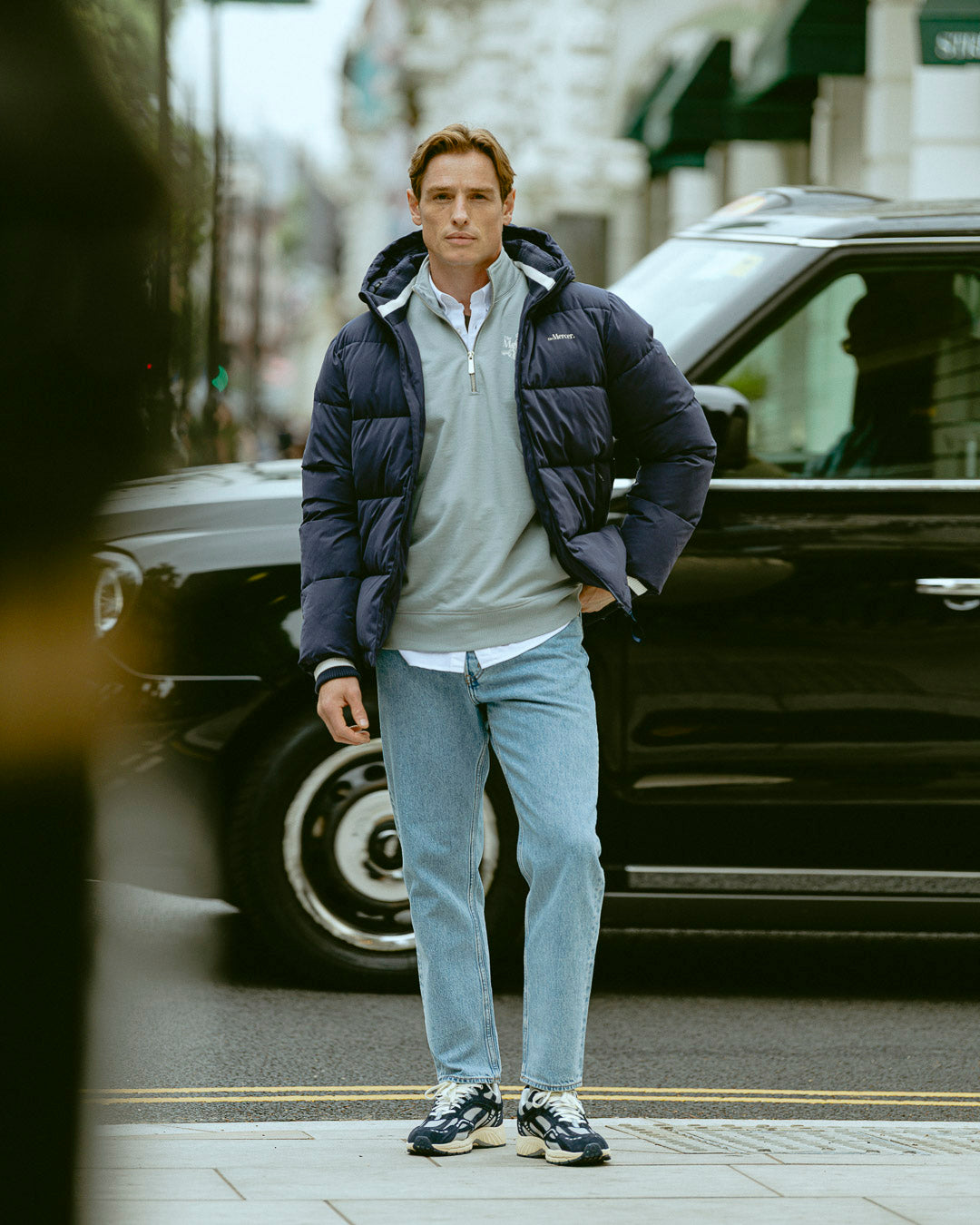 the mercer brand sneaker the re-run vintage navy with grey details and off white outsole