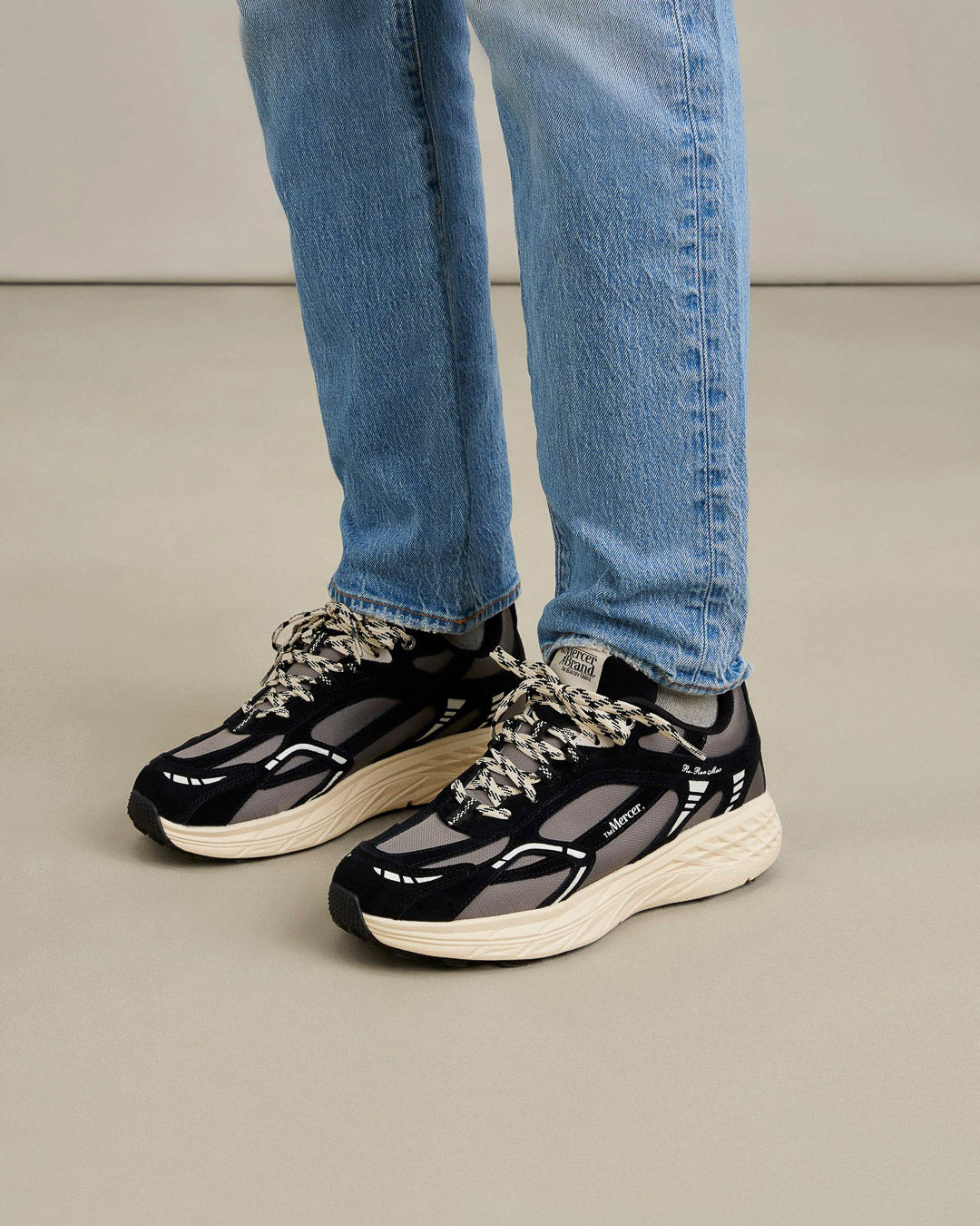 the mercer brand sneaker the re-run max nubuck black with off white outsole