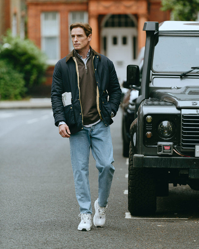 the mercer brand sneaker the re-run max suede off white in combination with dark green details