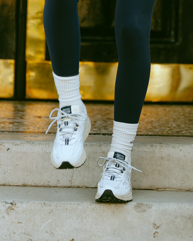 the mercer brand sneaker the re-run Vibram white with off white sole and navy details 