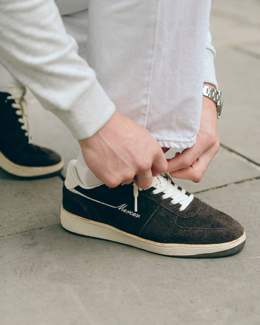 the mercer brand the re tennis sneaker brown suede product photo