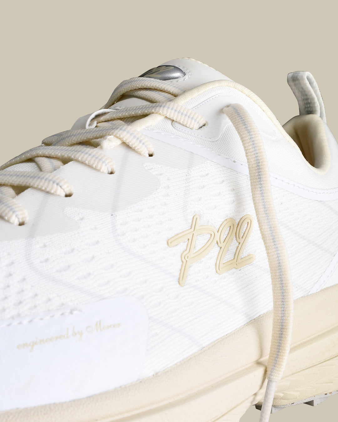 p22 running and hiking sneaker of the mercer brand Vibram outsole off white color