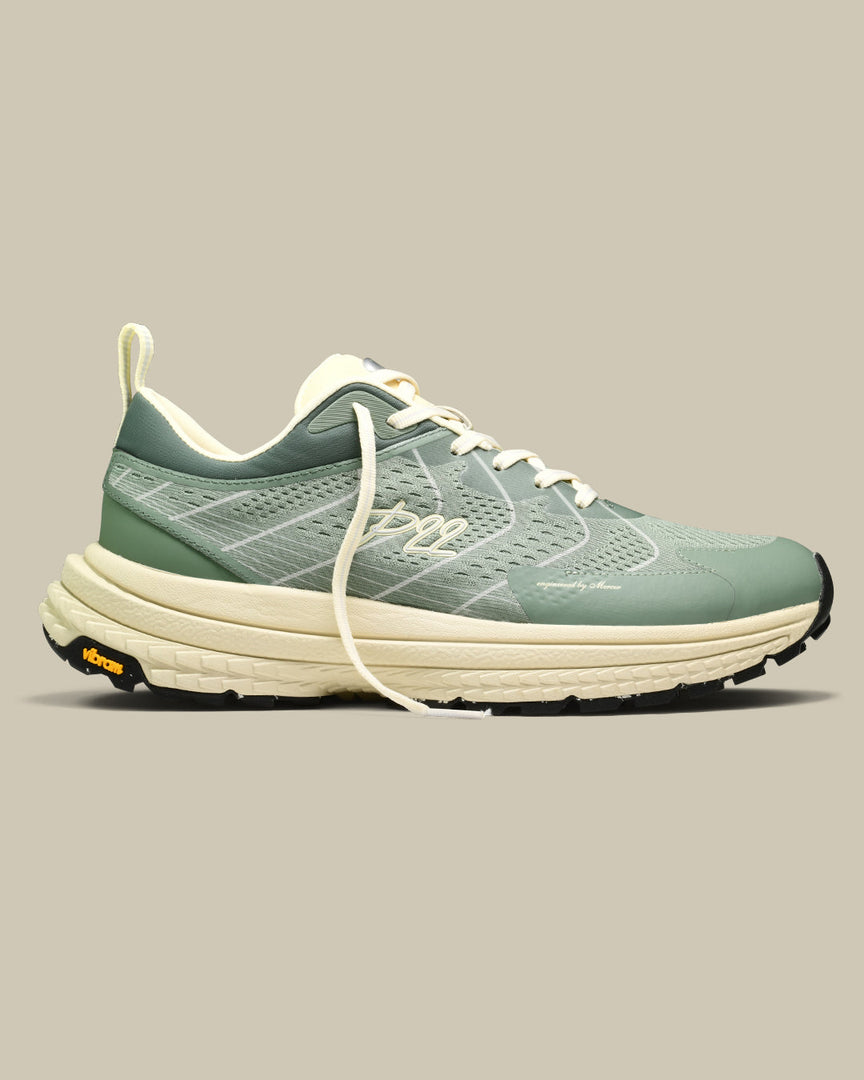 p22 running and hiking sneaker of the mercer brand with Vibram outsole green color