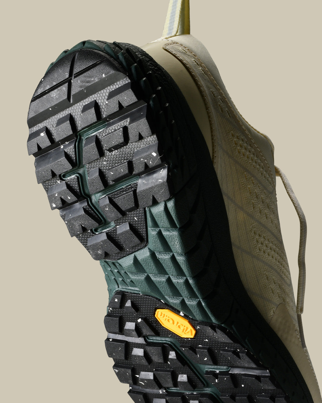 p22 trail sneaker the mercer brand hiking sneaker off white with green details and outsole from Vibram 