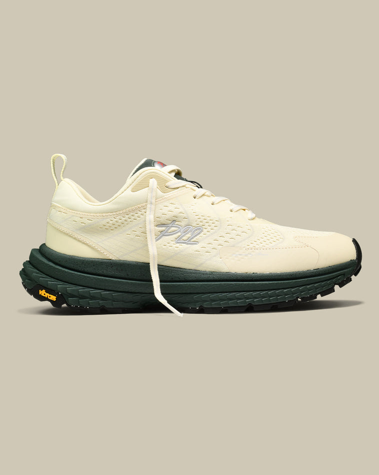 p22 trail sneaker the mercer brand hiking sneaker off white with green details and outsole from Vibram 