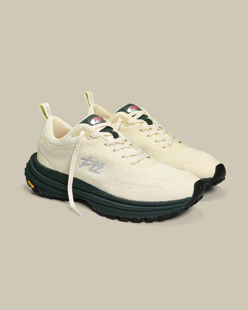 p22 trail sneaker the mercer brand hiking sneaker off white with green details and outsole from Vibram 