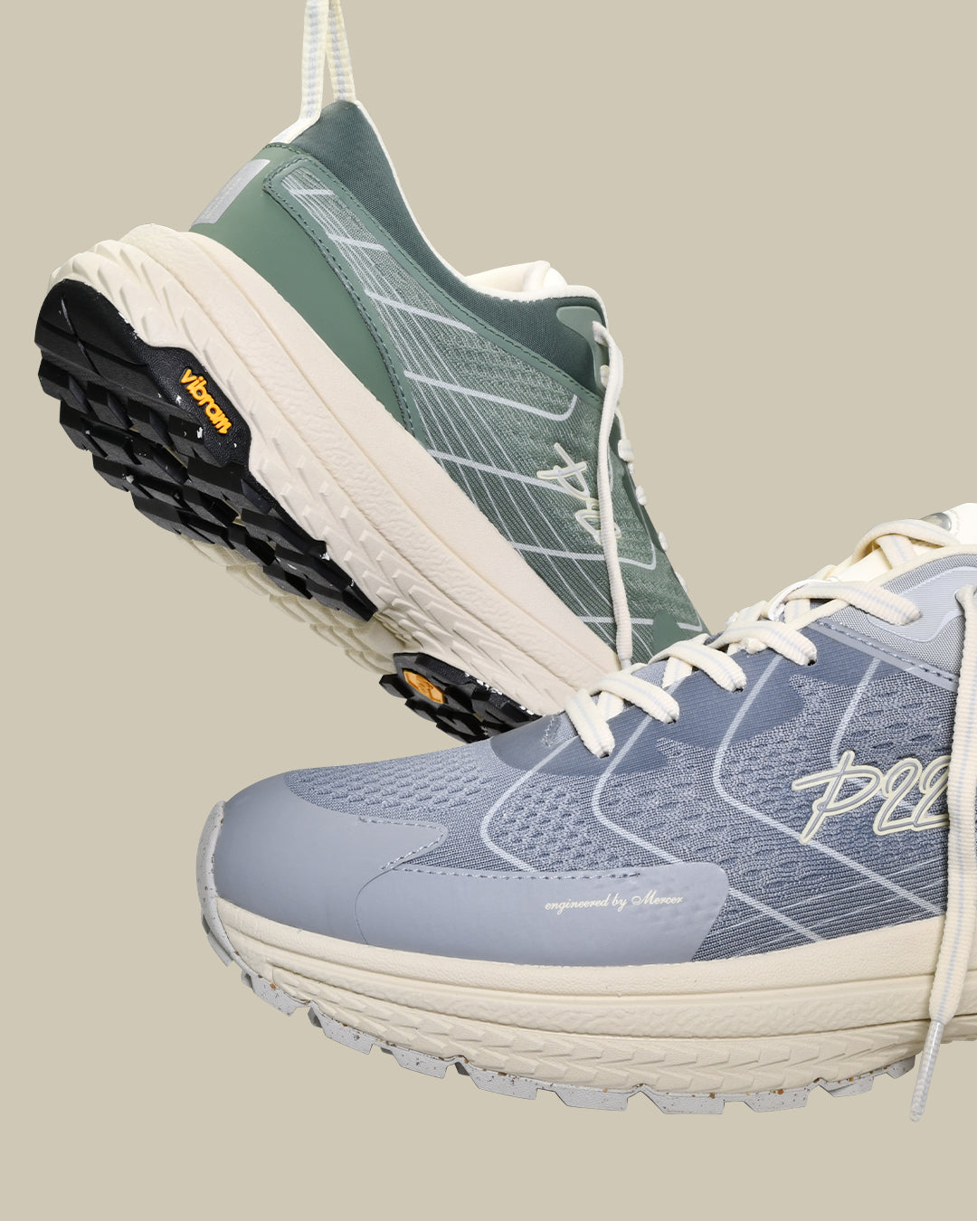 p22 running and hiking sneaker of the mercer brand with Vibram outsole ice grey blue color