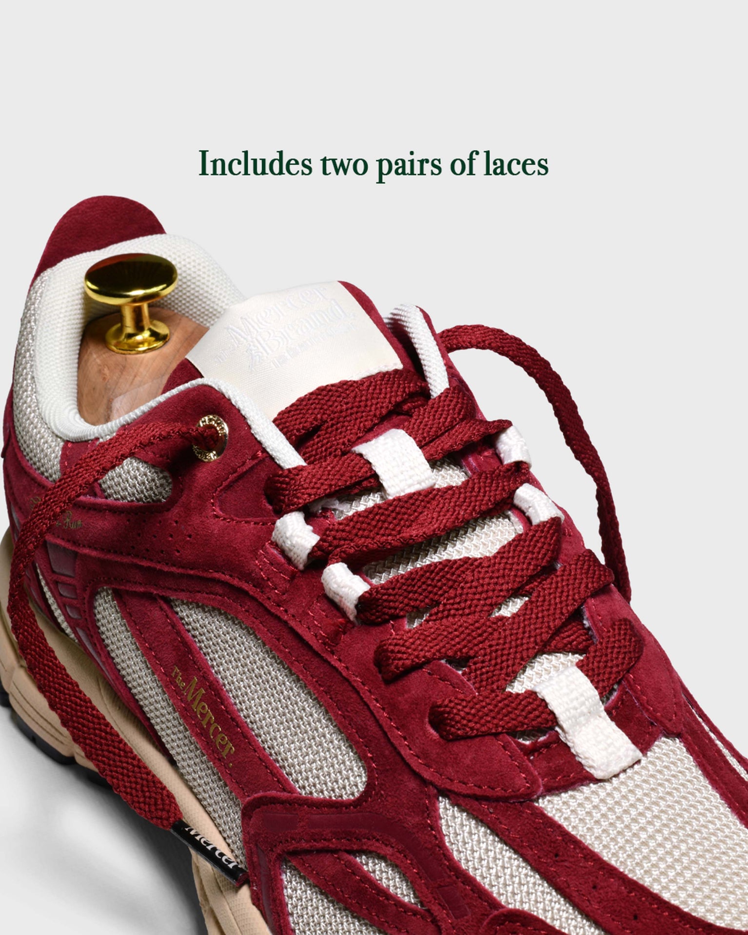 Close up of the bordeaux laces who are included  with The Re-Run Desert 2.0 in bordeaux.