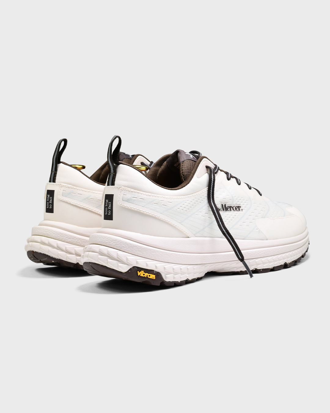 Product sideview of The Mercer P22 in white/brown showing the Vibram sole.