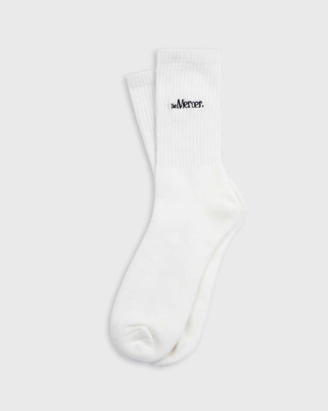 the mercer brand socks white with navy lettering 