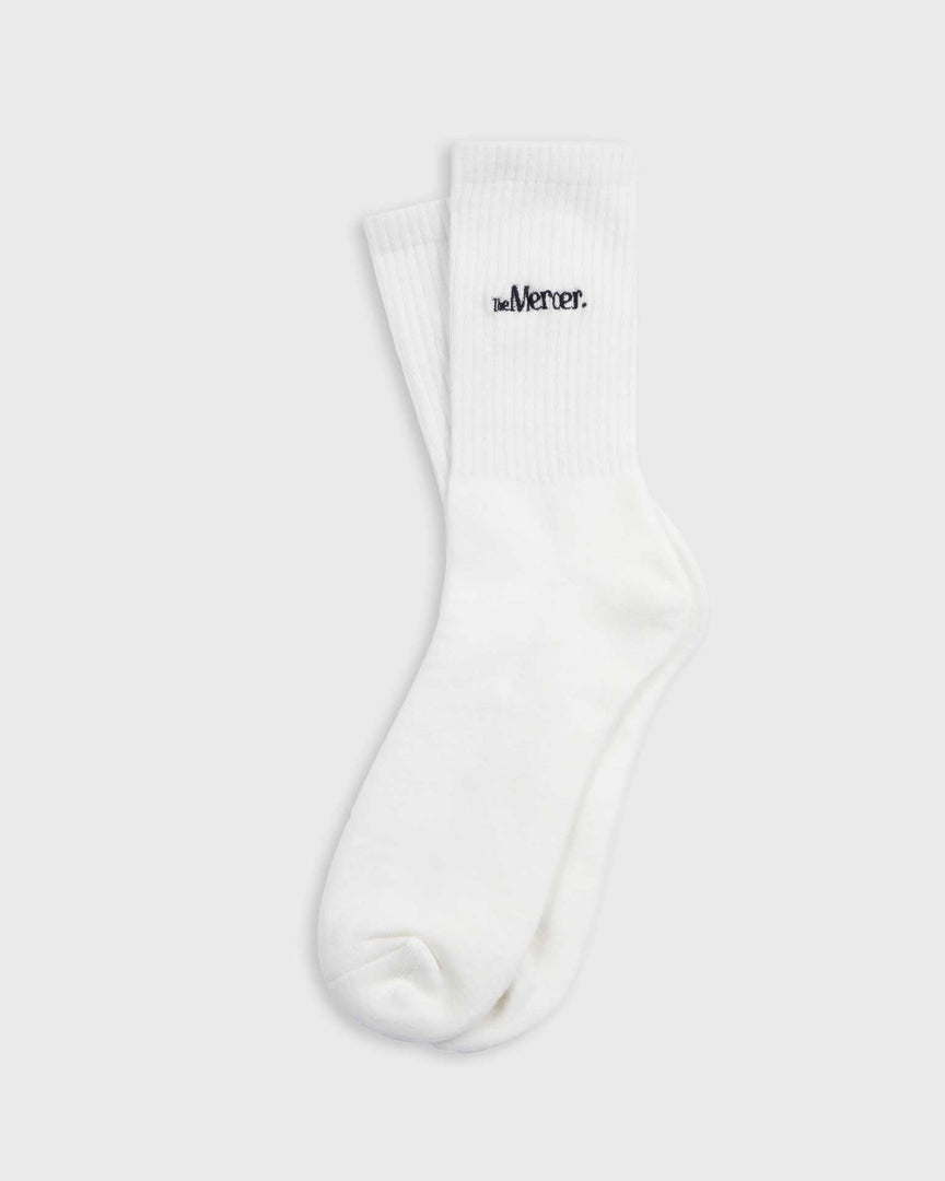 the mercer brand socks white with navy lettering 