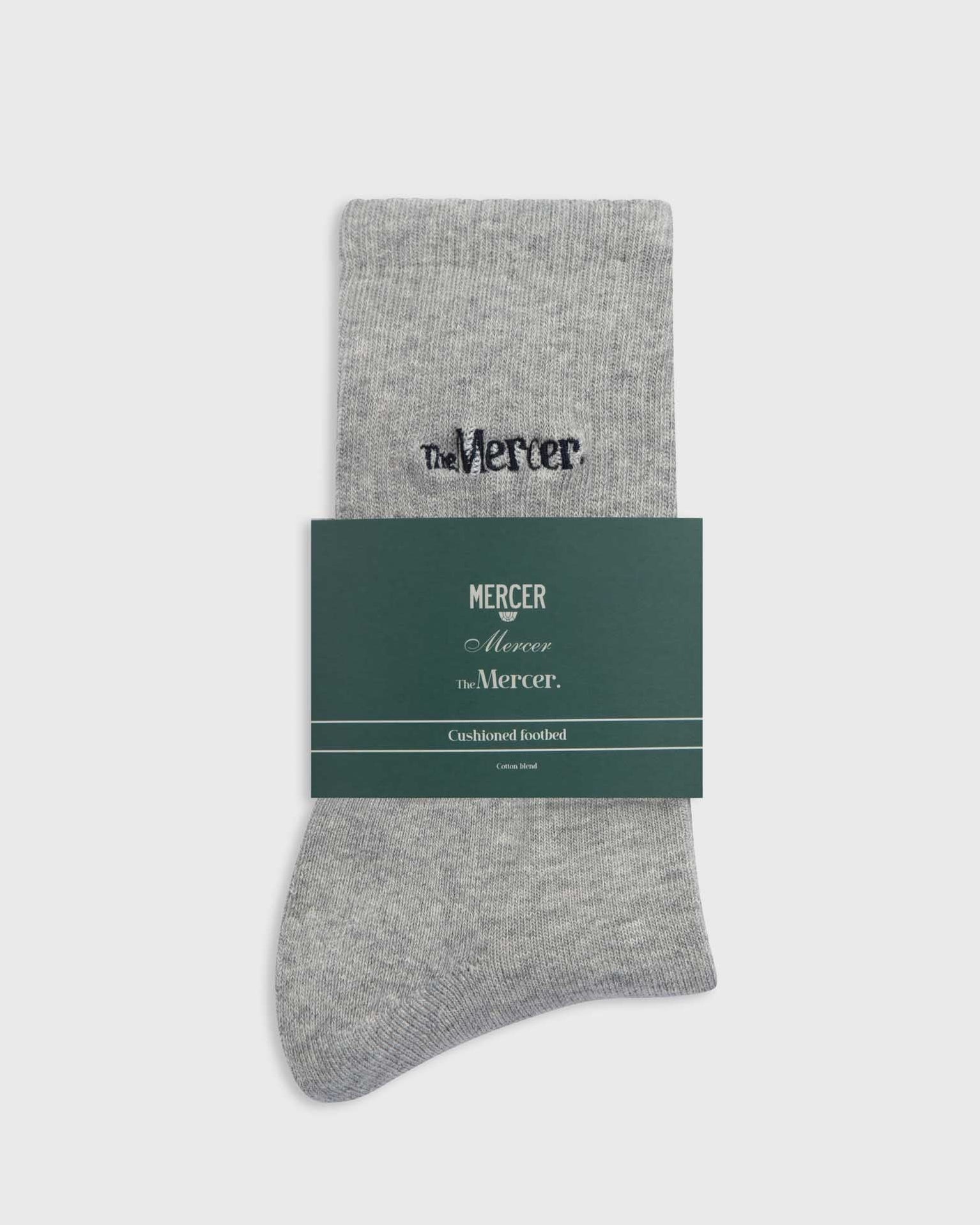 the mercer brand socks grey with navy logo 