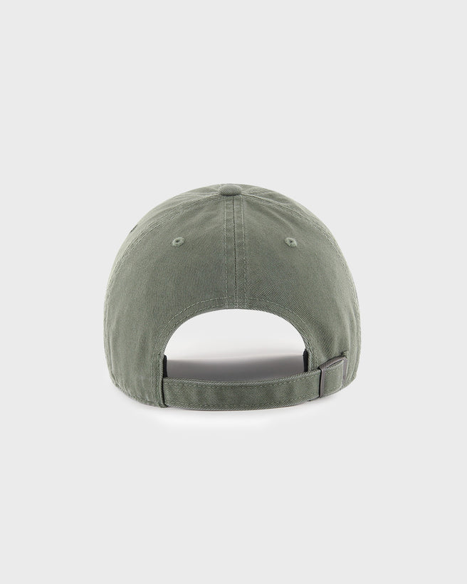Army green, 100% cotton adjustable The 47 Base Runner Clean Up Cap with a black New York Yankees logo on the front and a small logo on the side.
