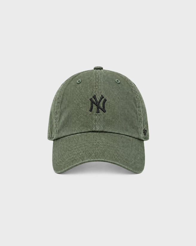 Army green, 100% cotton adjustable The 47 Base Runner Clean Up Cap with a black New York Yankees logo on the front and a small logo on the side.