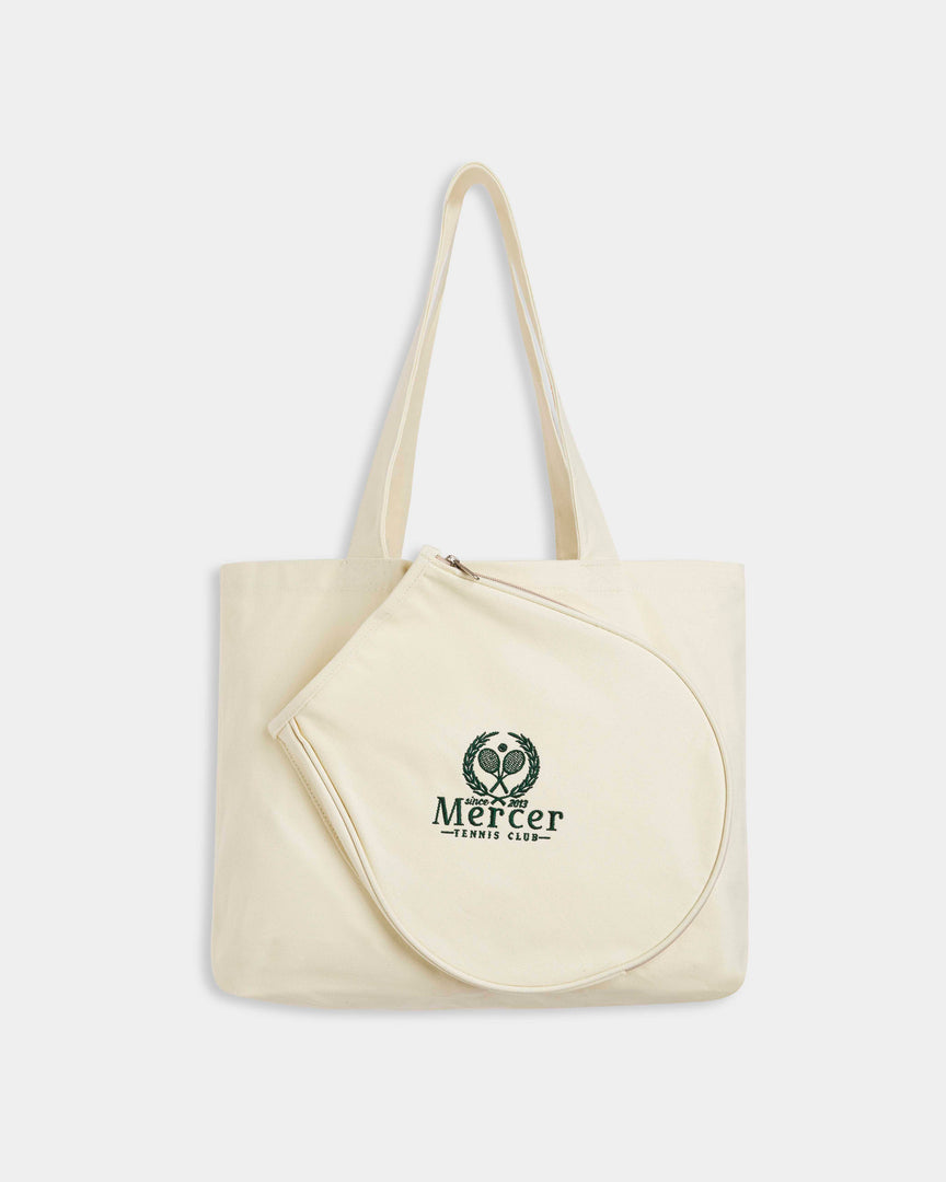 Flat lay of The Mercer Tennis Bag in Off white.