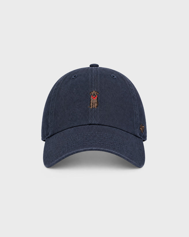 Blue 47 Base Runner Clean Up Cap in a relaxed fit featuring an embroidered brown dog wearing a red bandana on the front.
