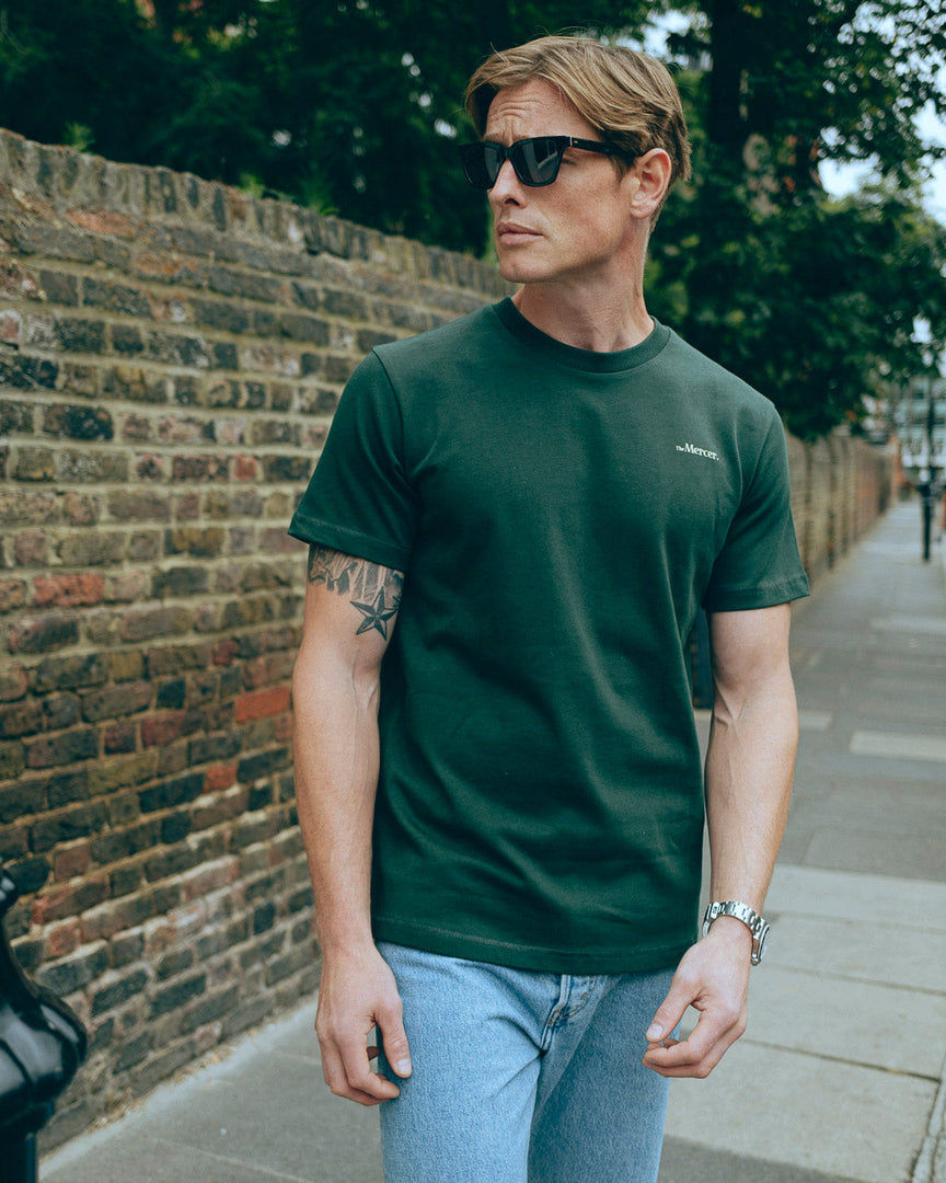 the mercer brand t shirt with small logo green