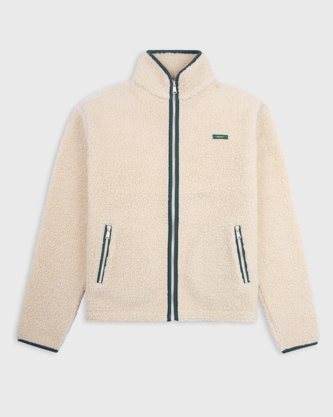 The Mercer wool zip off white with green zippers and green logo product photo front