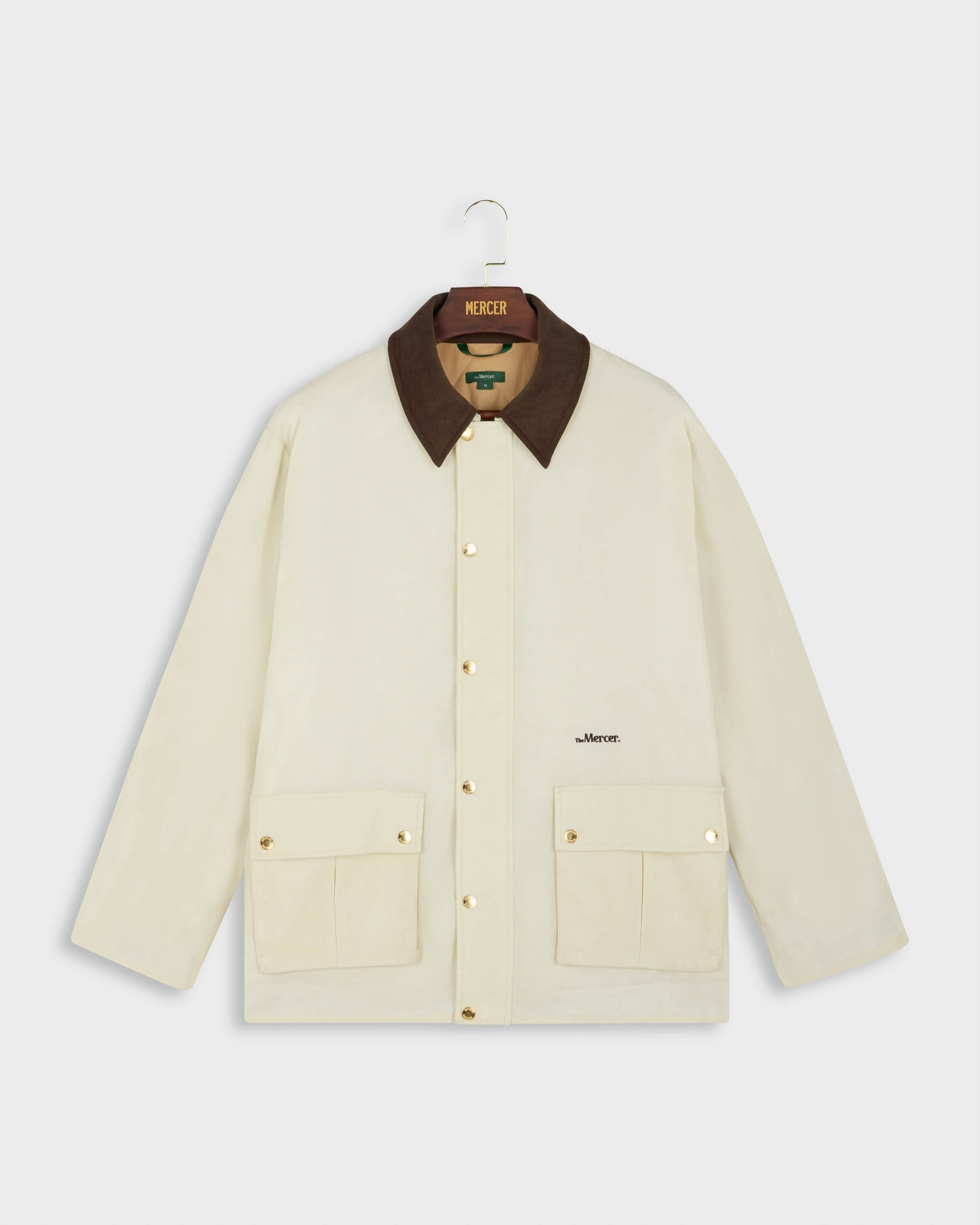 The mercer brand subway jacket off white with brown collar product photo 