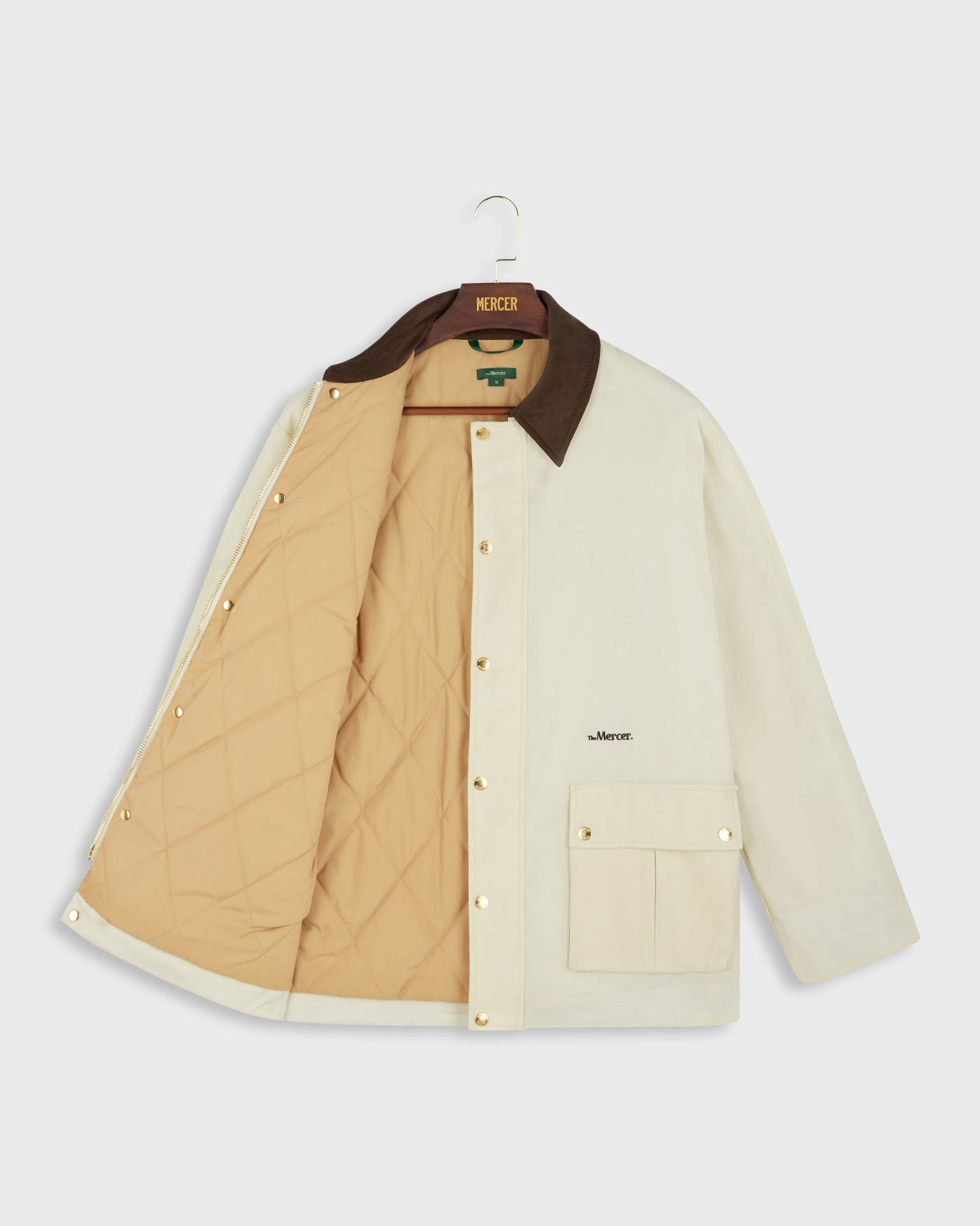 The mercer brand subway jacket off white with brown collar product photo 