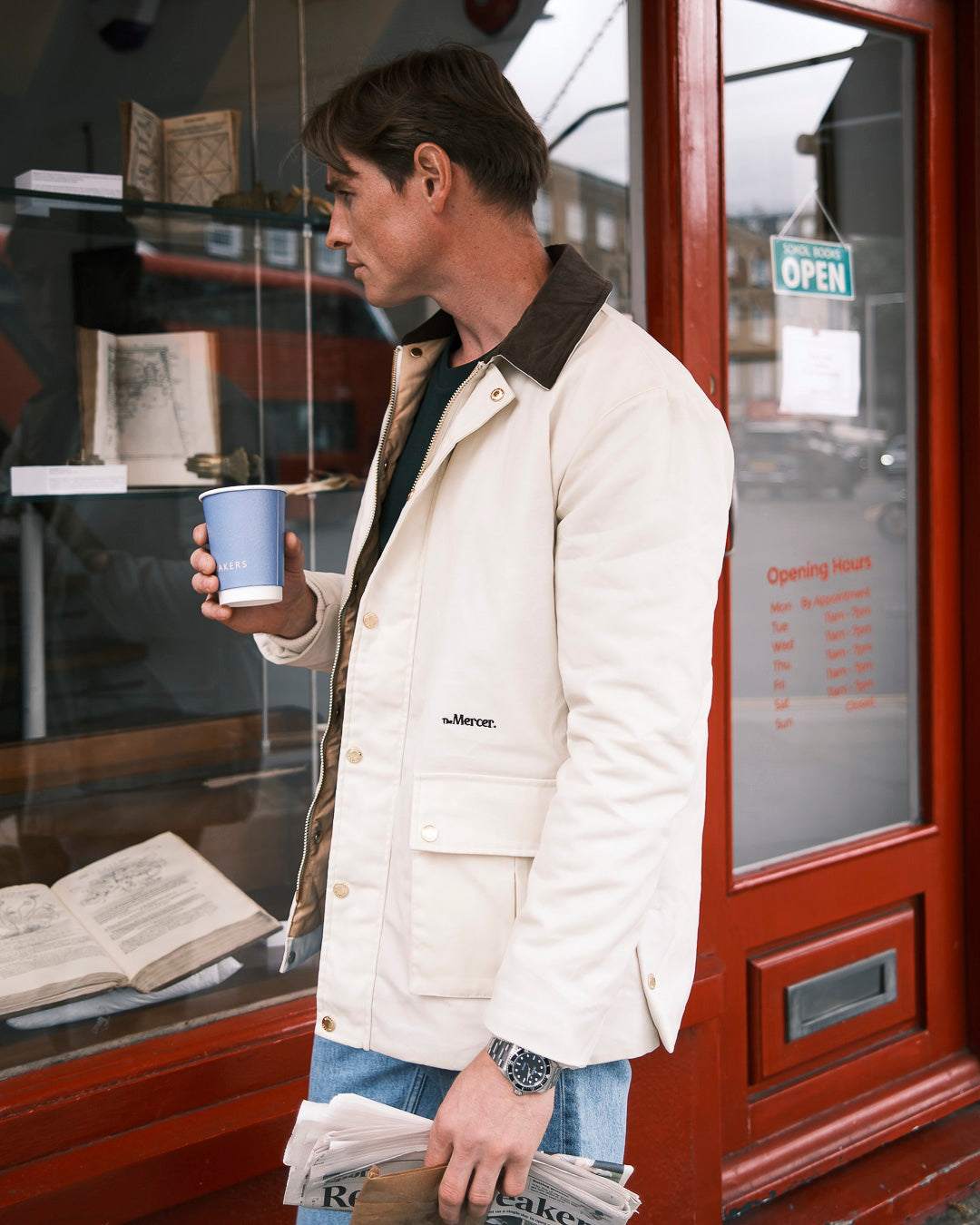 The mercer brand subway jacket off white with brown collar product photo 