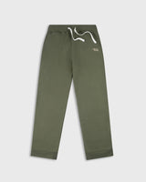 Green The Mercer Brand sweatpants with white drawstring on a light grey background