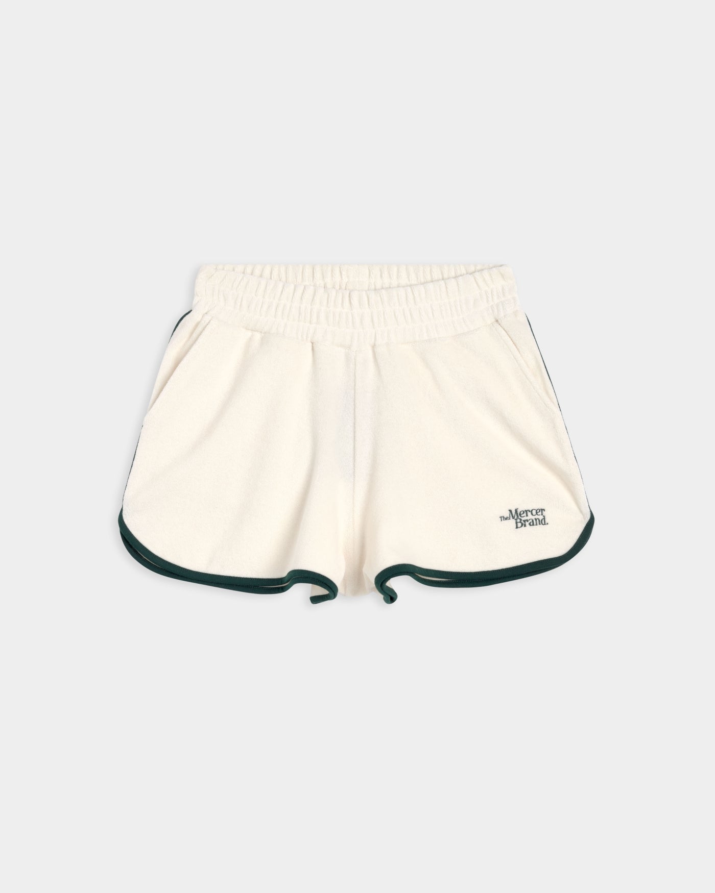Flat lay of The Mercer Terry Short in off white.