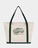 the mercer brand canvas bag green details and with logo and dog with Porsche car